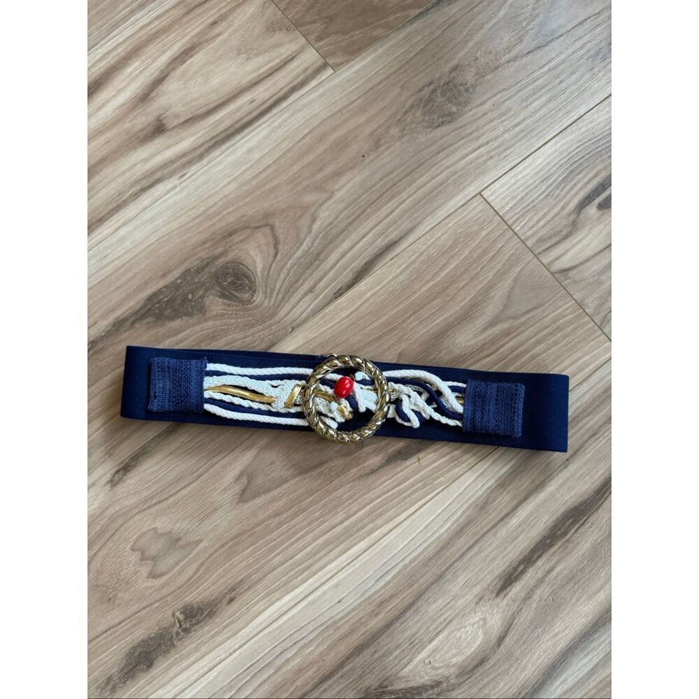 Vintage 80โsโWomens Nautical Blue White Braided Gold Tone Buckle Stretch Belt